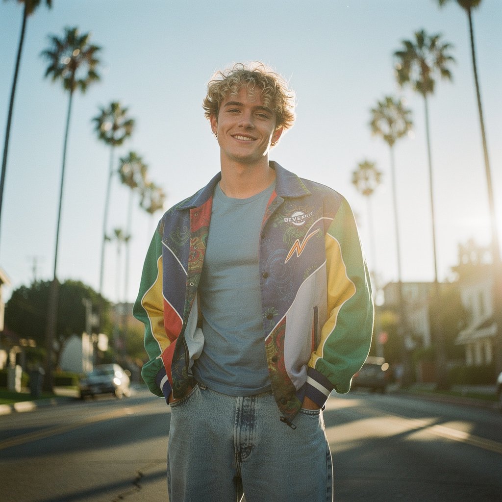 A handsome young man with curly blonde hair in 1990s Beverly Hills style, wearing a trendy 90s jacket, confident smile, sunny California palm trees background, high resolution 90s aesthetic photo